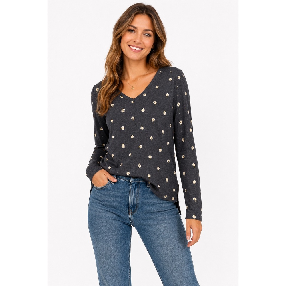 Sonoma Long Sleeve Tee Women Medium Charcoal Daisy Floral V-Neck Everyday Top